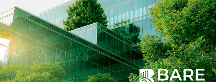 Eco-friendly corporate building with glass architecture and greenery, representing authentic ESG and sustainability efforts – BARE International