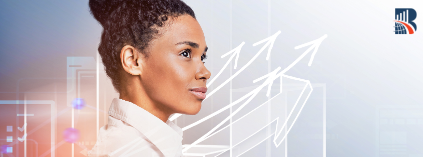Confident professional woman looking ahead with upward arrows symbolizing growth and success, with abstract digital interface elements in the background.