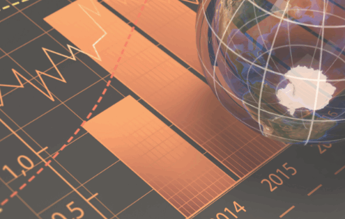 3D globe overlaid on a financial analysis graph showing global economic trends from 2010 to 2019.