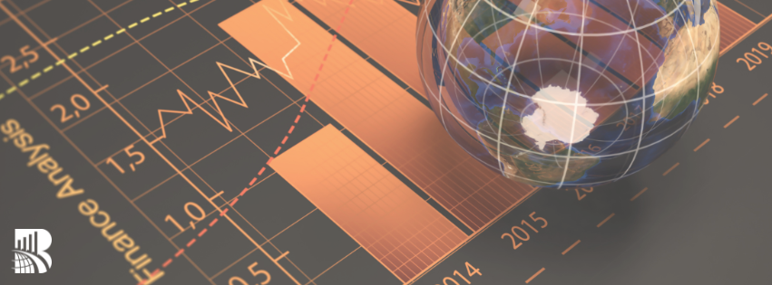3D globe overlaid on a financial analysis graph showing global economic trends from 2010 to 2019.