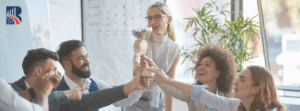 Diverse business team celebrating success together, holding a trophy in an office – teamwork, leadership, and business excellence concept.