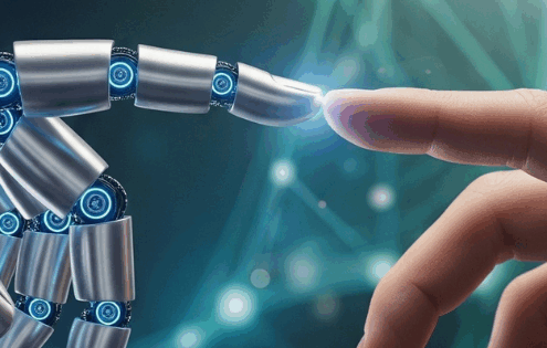Human hand touching a robotic hand with glowing light – symbol of collaboration between humans and artificial intelligence at BARE International for better customer experience.