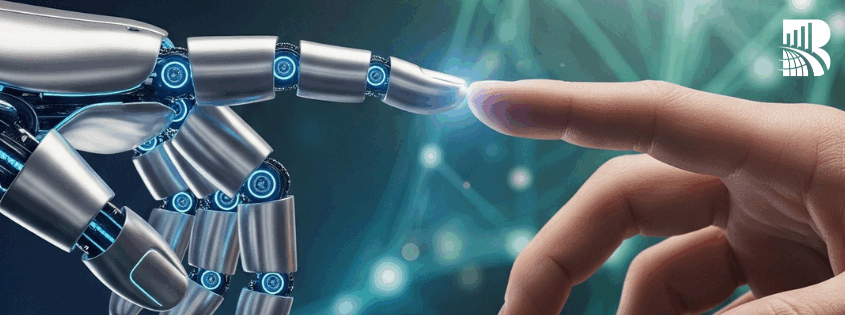 Human hand touching a robotic hand with glowing light – symbol of collaboration between humans and artificial intelligence at BARE International for better customer experience.