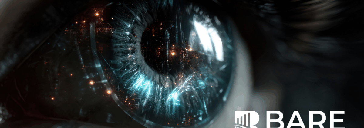 Close-up of a human eye reflecting city lights, symbolizing vision and insight, with BARE International logo.