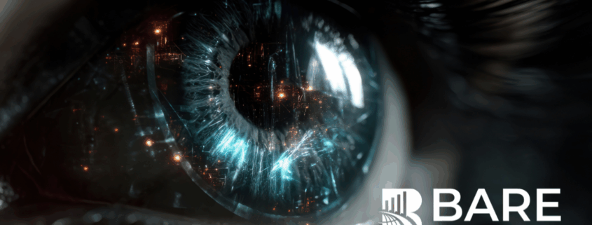 Close-up of a human eye reflecting city lights, symbolizing vision and insight, with BARE International logo.