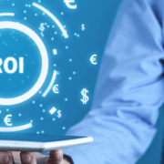 Business professional presenting ROI concept with digital currency icons and BARE International logo.