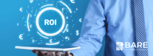 Business professional presenting ROI concept with digital currency icons and BARE International logo.