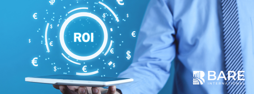 Business professional presenting ROI concept with digital currency icons and BARE International logo.
