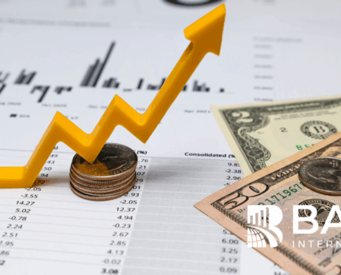 Yellow upward financial arrow on top of stacked coins with cash and performance charts, symbolizing revenue protection and the impact of mystery shopping on preventing CX-related profit leaks.